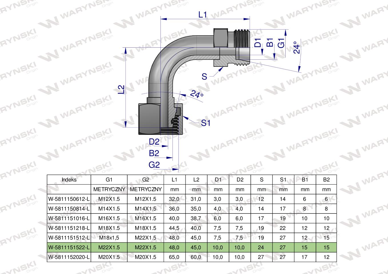 Kolanko hydrauliczne metryczne łukowe AB M22x1.5 15L (XEVW) Waryński ( sprzedawane po 10 )