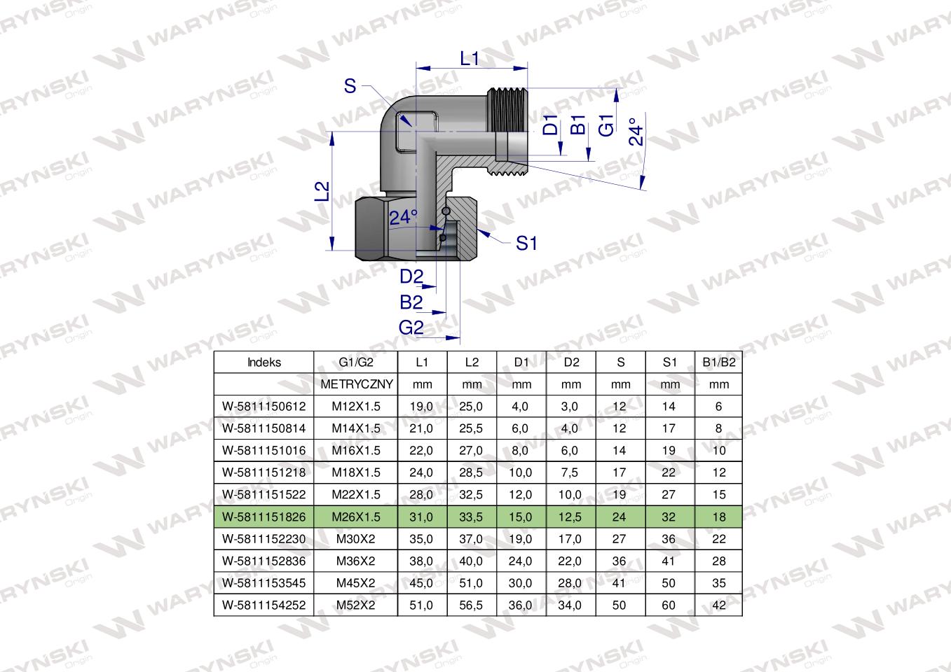 Kolanko hydrauliczne metryczne AB M26x1.5 18L (XEVW) Waryński