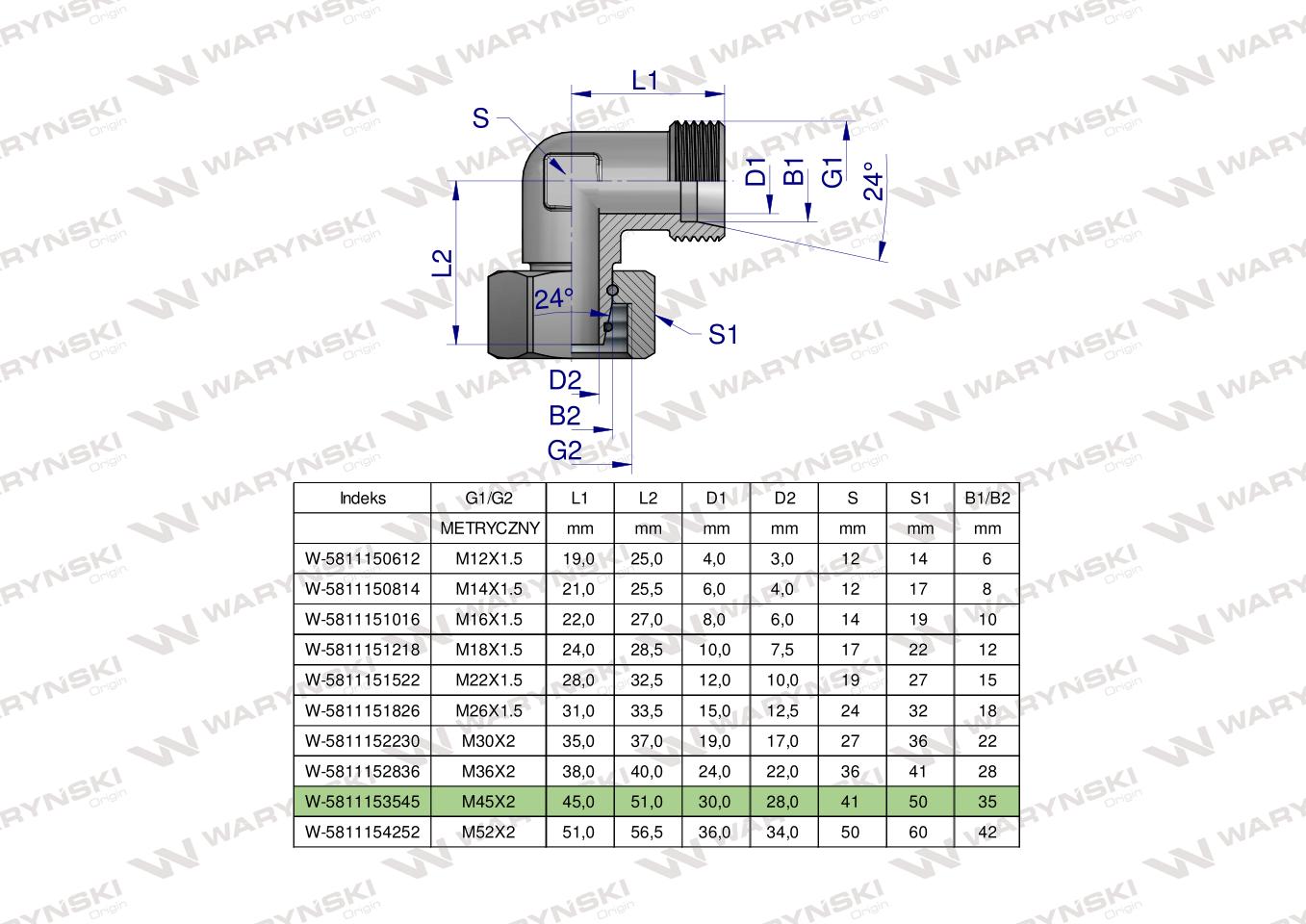 Kolanko hydrauliczne metryczne AB M45x2 35L (XEVW) Waryński
