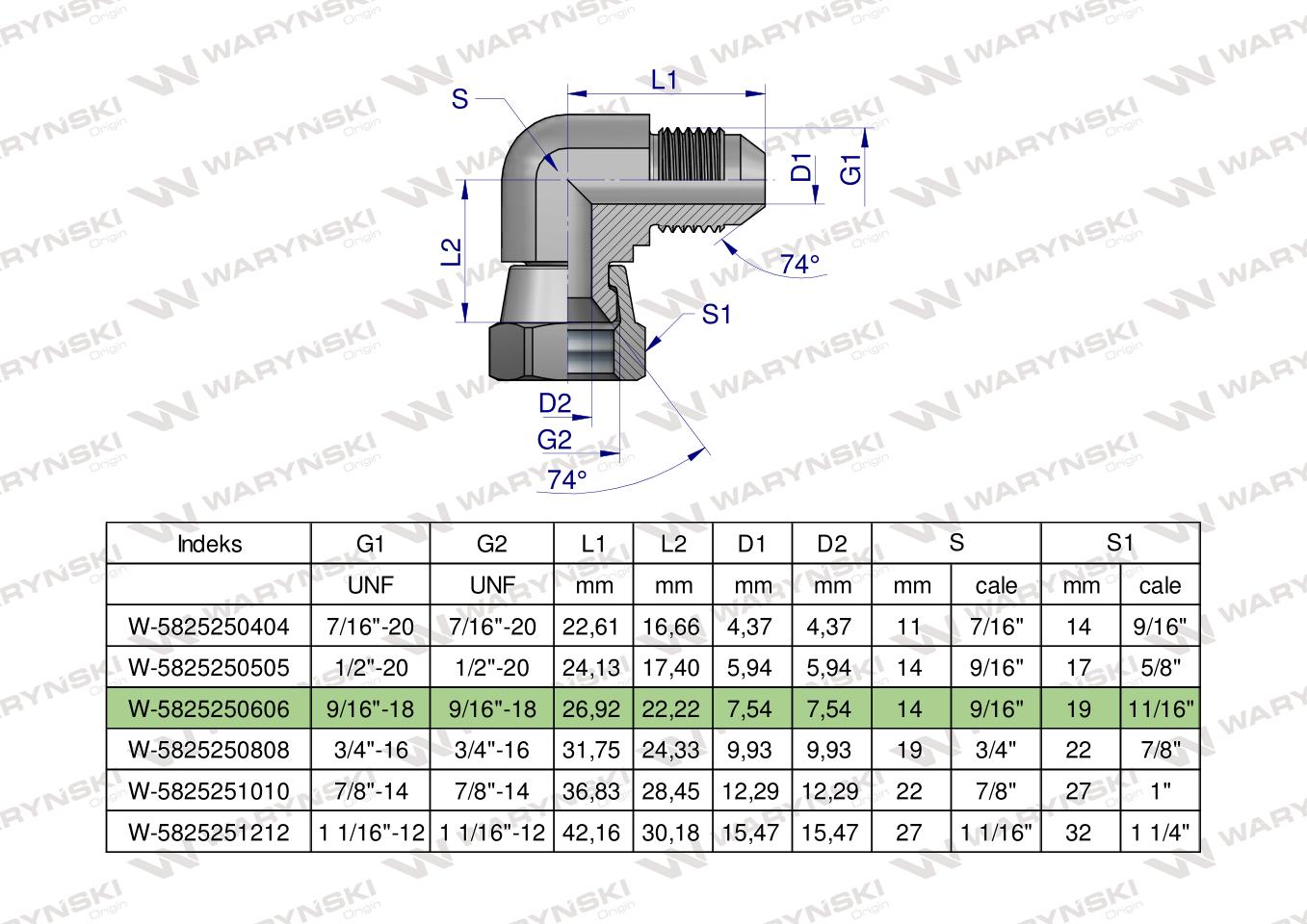 Kolanko hydrauliczne calowe AB 9/16" UNF (JIC) Waryński