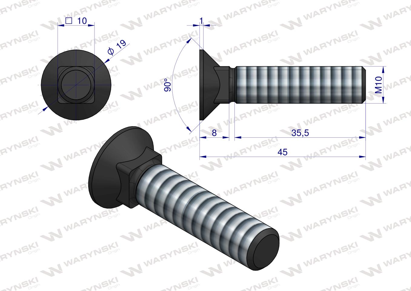 Śruba kpl. płużna podsadzana D 608 M10x45 mm kl.10.9 Waryński ( sprzedawane po 25 )