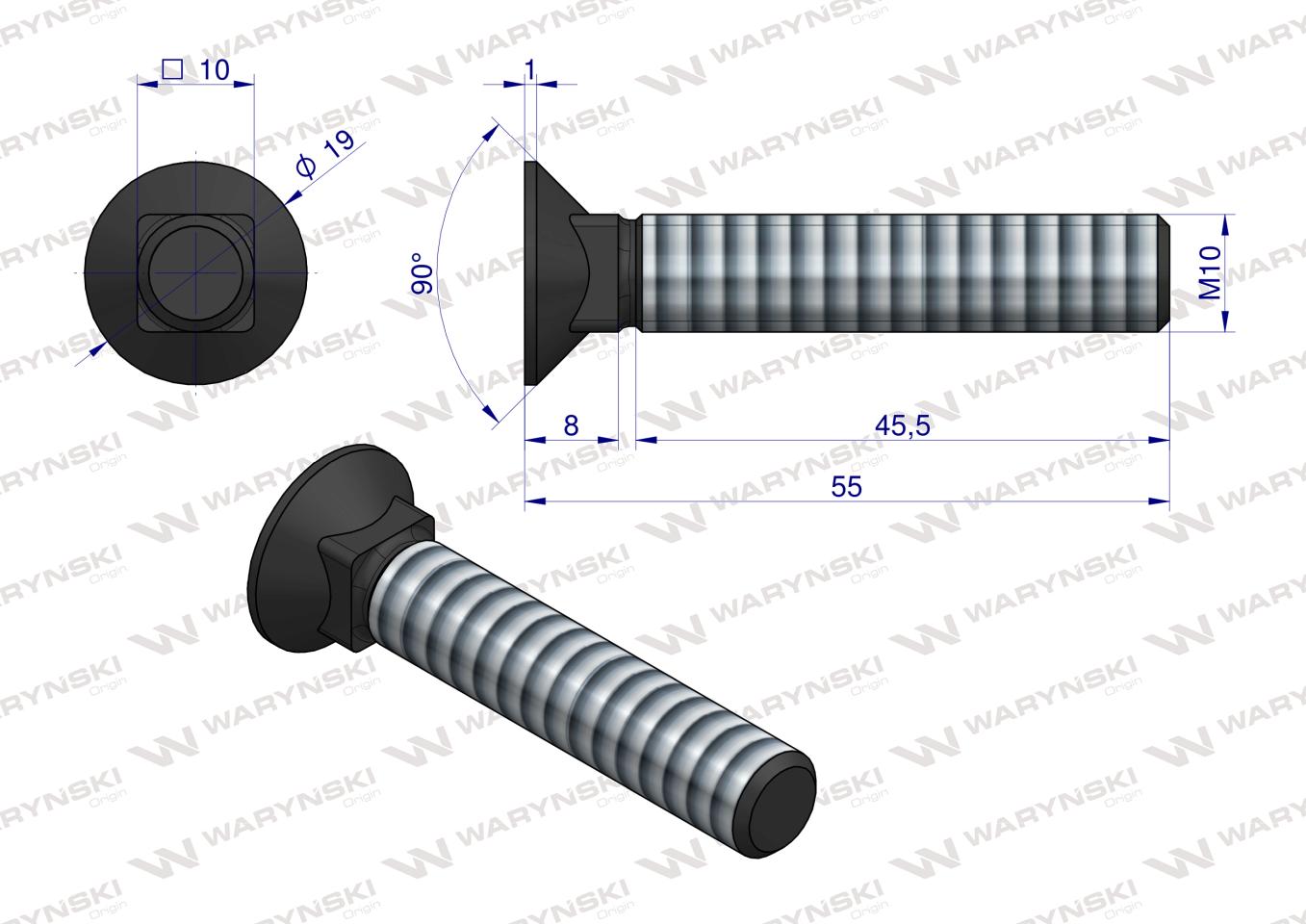 Śruba kpl. płużna podsadzana D 608 M10x55 mm kl.10.9 Waryński ( sprzedawane po 25 )