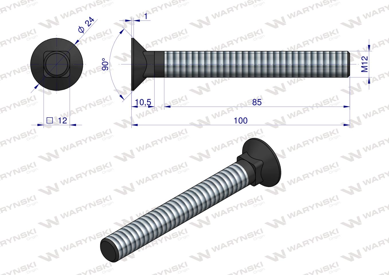 Śruba kpl. płużna podsadzana D 608 M12x100 mm kl.10.9 Waryński ( sprzedawane po 10 )