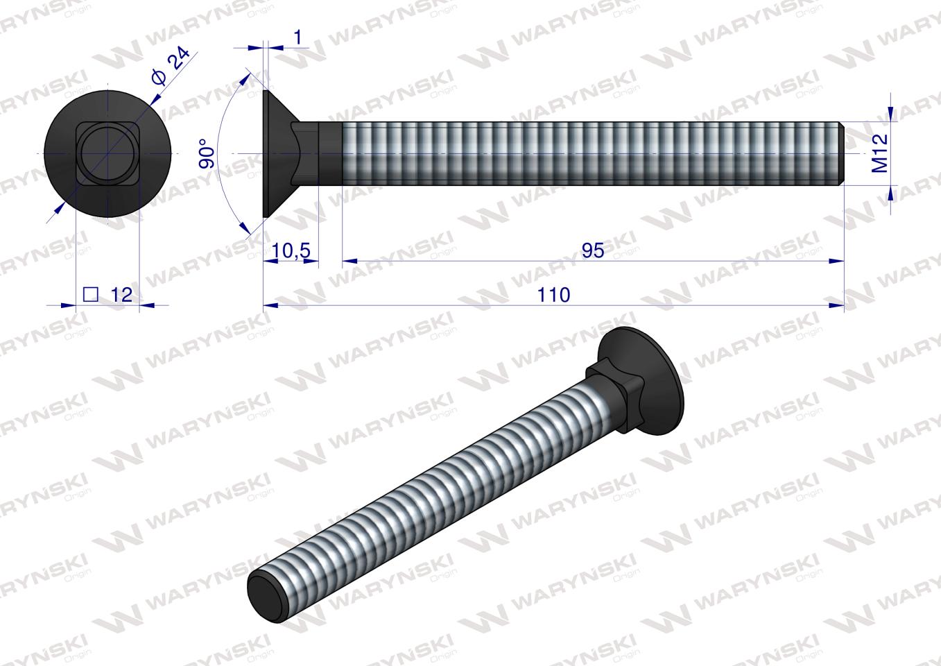 Śruba kpl. płużna podsadzana D 608 M12x110 mm kl.10.9 Waryński ( sprzedawane po 10 )