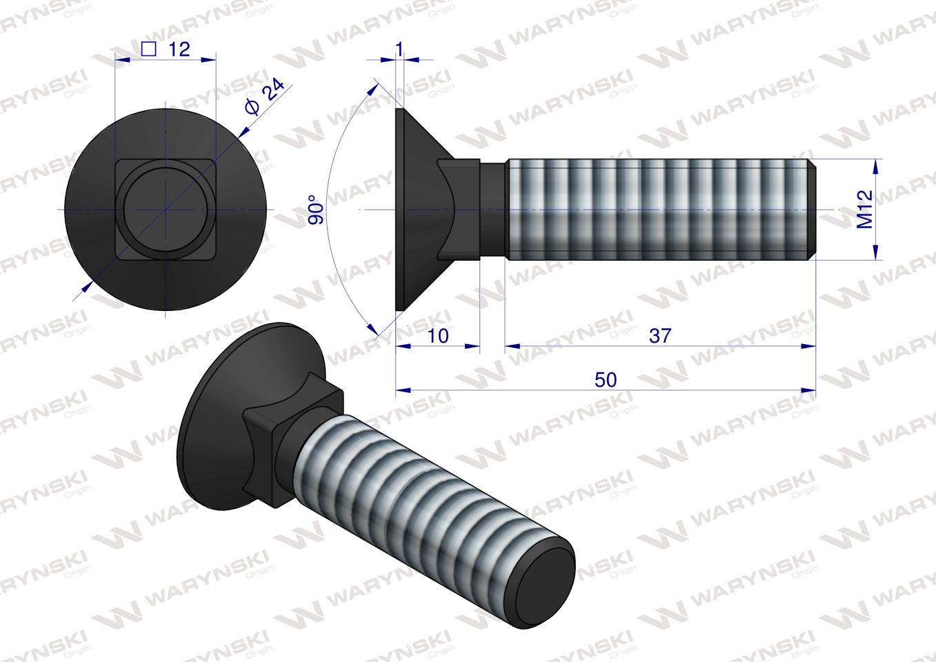 Śruba kpl. płużna podsadzana D 608 M12x50 mm kl.10.9 zastosowanie ząb SX Waryński ( sprzedawane po 25 )