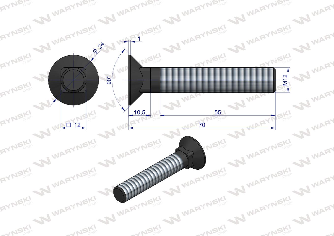 Śruba kpl. płużna podsadzana D 608 M12x70 mm kl.10.9 zastosowanie Gruber Waryński ( sprzedawane po 25 )