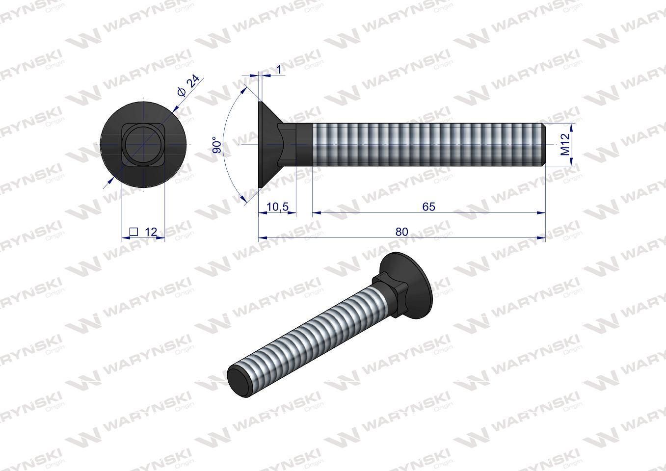Śruba kpl. płużna podsadzana D 608 M12x80 mm kl.10.9 zastosowanie Gruber Waryński ( sprzedawane po 25 )