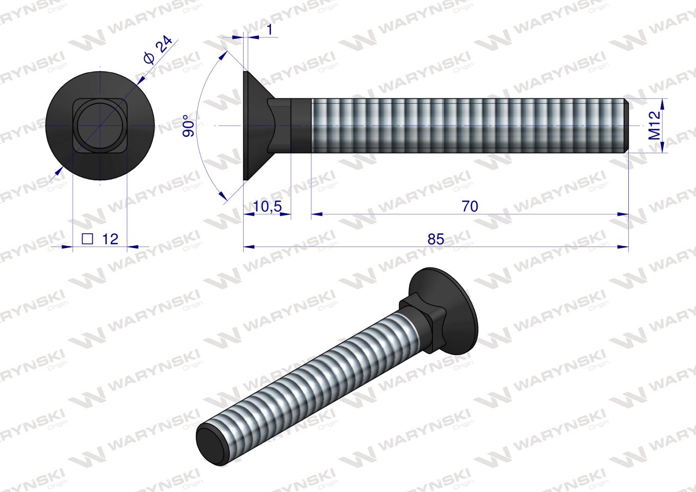 Śruba kpl. płużna podsadzana D 608 M12x85 mm kl.10.9 Waryński ( sprzedawane po 25 )