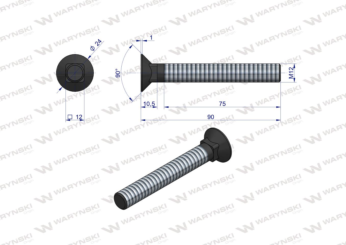 Śruba kpl. płużna podsadzana D 608 M12x90 mm kl.10.9 zastosowanie Gruber Waryński ( sprzedawane po 25 )