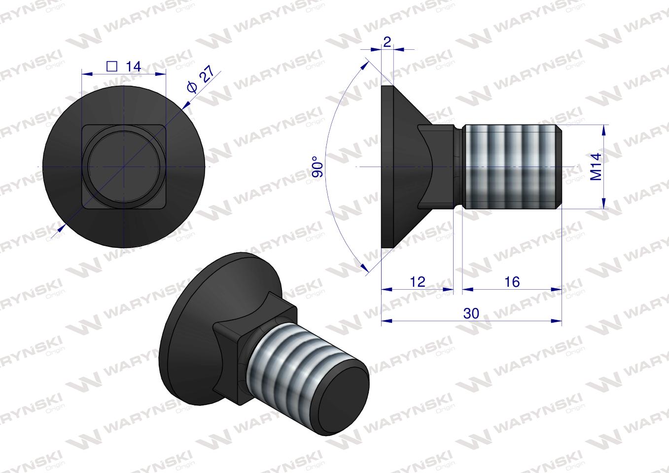Śruba kpl. płużna podsadzana D 608 M14x30 mm kl.10.9 Waryński ( sprzedawane po 10 )