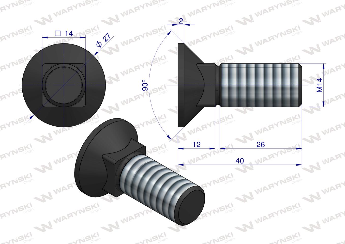 Śruba kpl. płużna podsadzana D 608 M14x40 mm kl.10.9 Waryński ( sprzedawane po 10 )