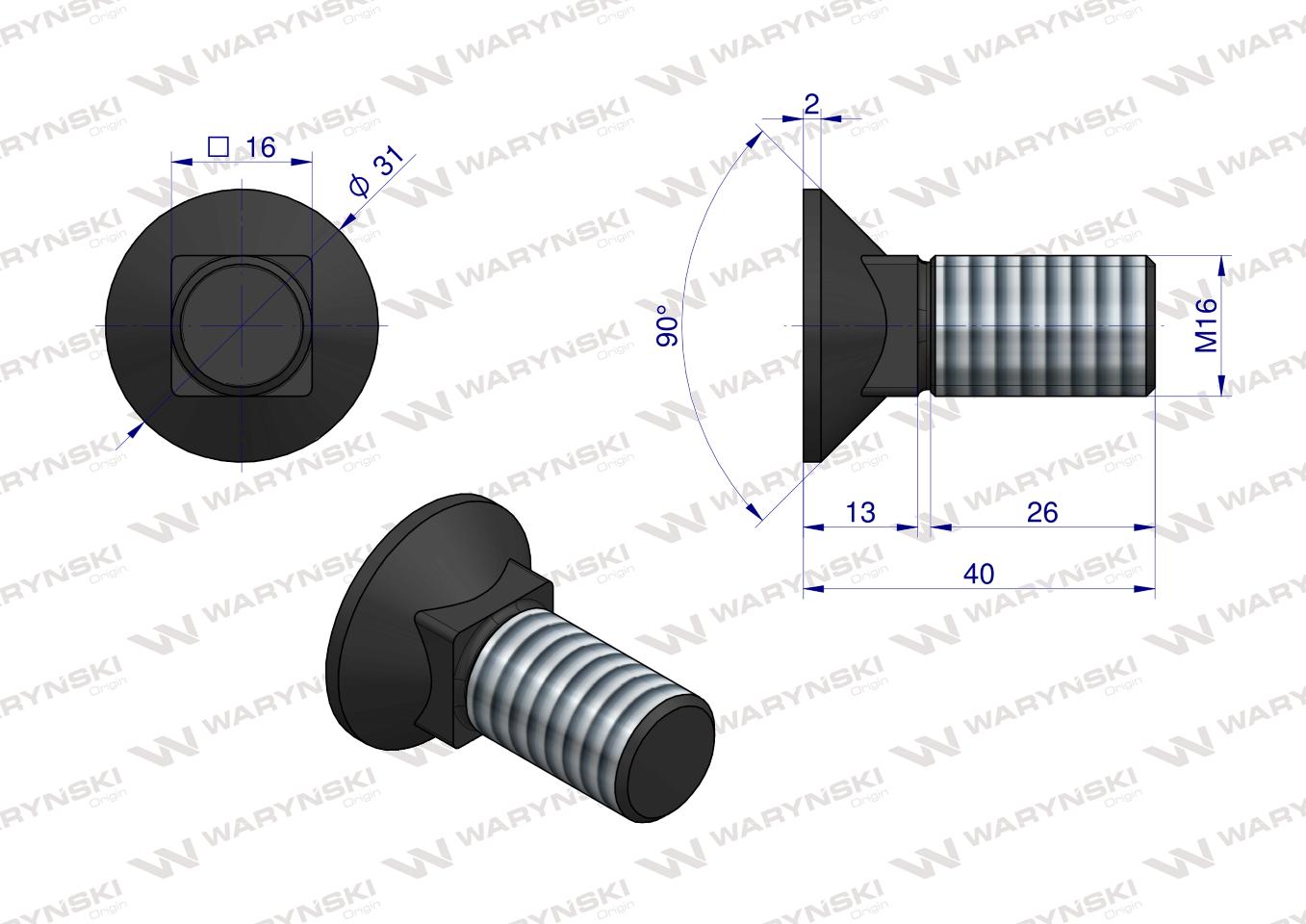 Śruba kpl. płużna podsadzana D 608 M16x40 mm kl.10.9 Waryński ( sprzedawane po 10 )
