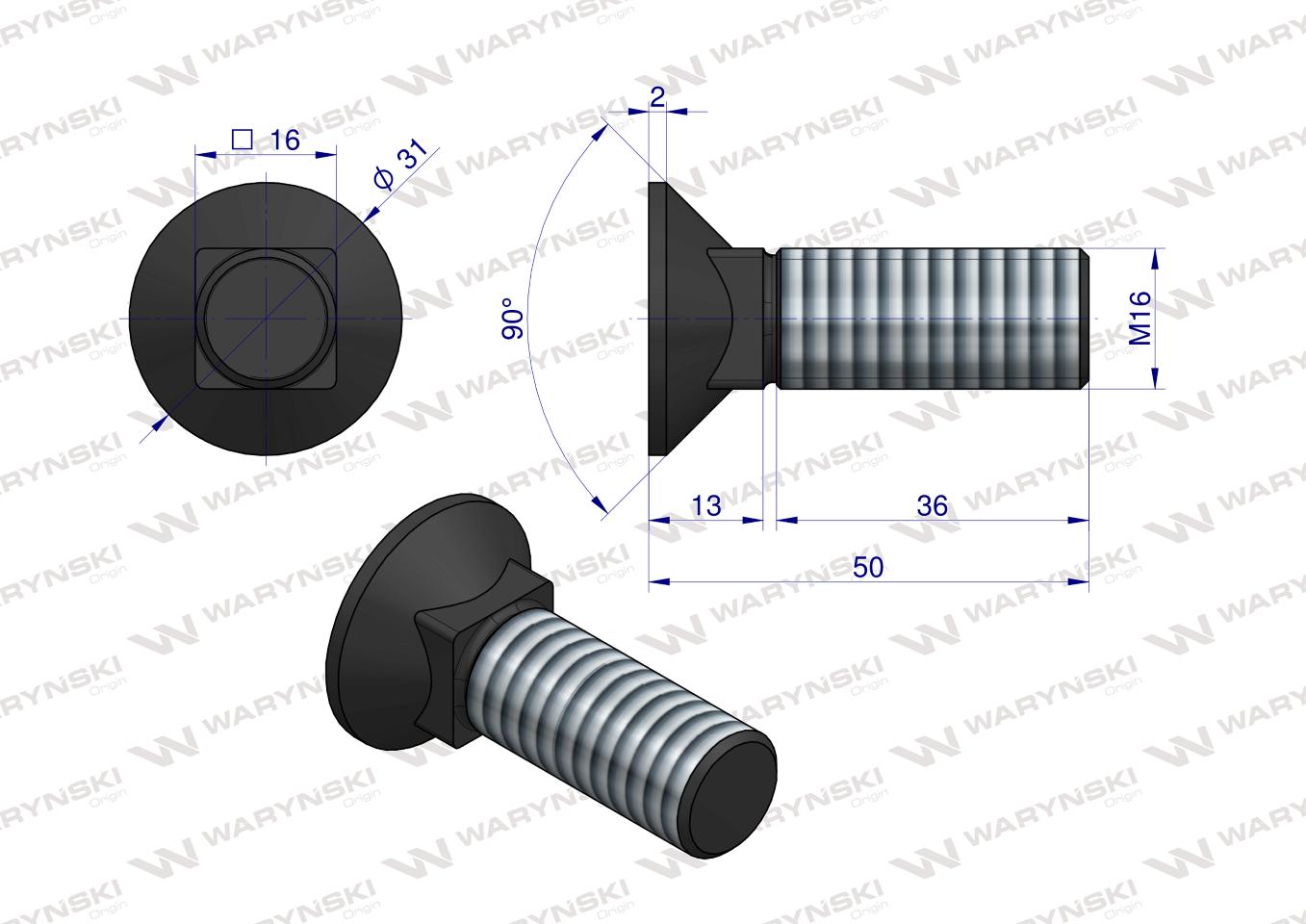 Śruba kpl. płużna podsadzana D 608 M16x50 mm kl.10.9 Waryński ( sprzedawane po 10 )