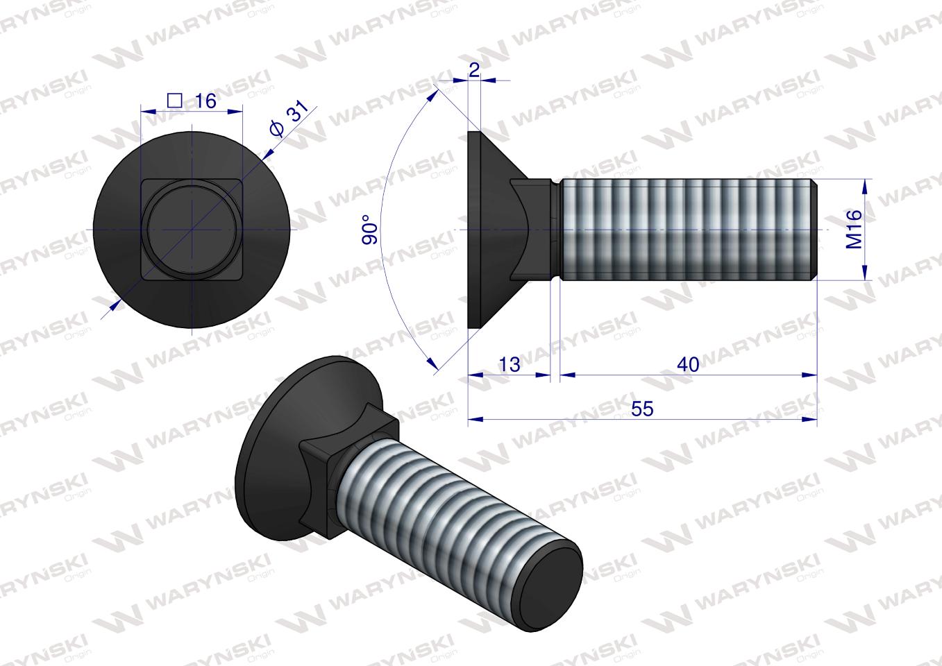 Śruba kpl. płużna podsadzana D 608 M16x55 mm kl.10.9 Waryński ( sprzedawane po 10 )