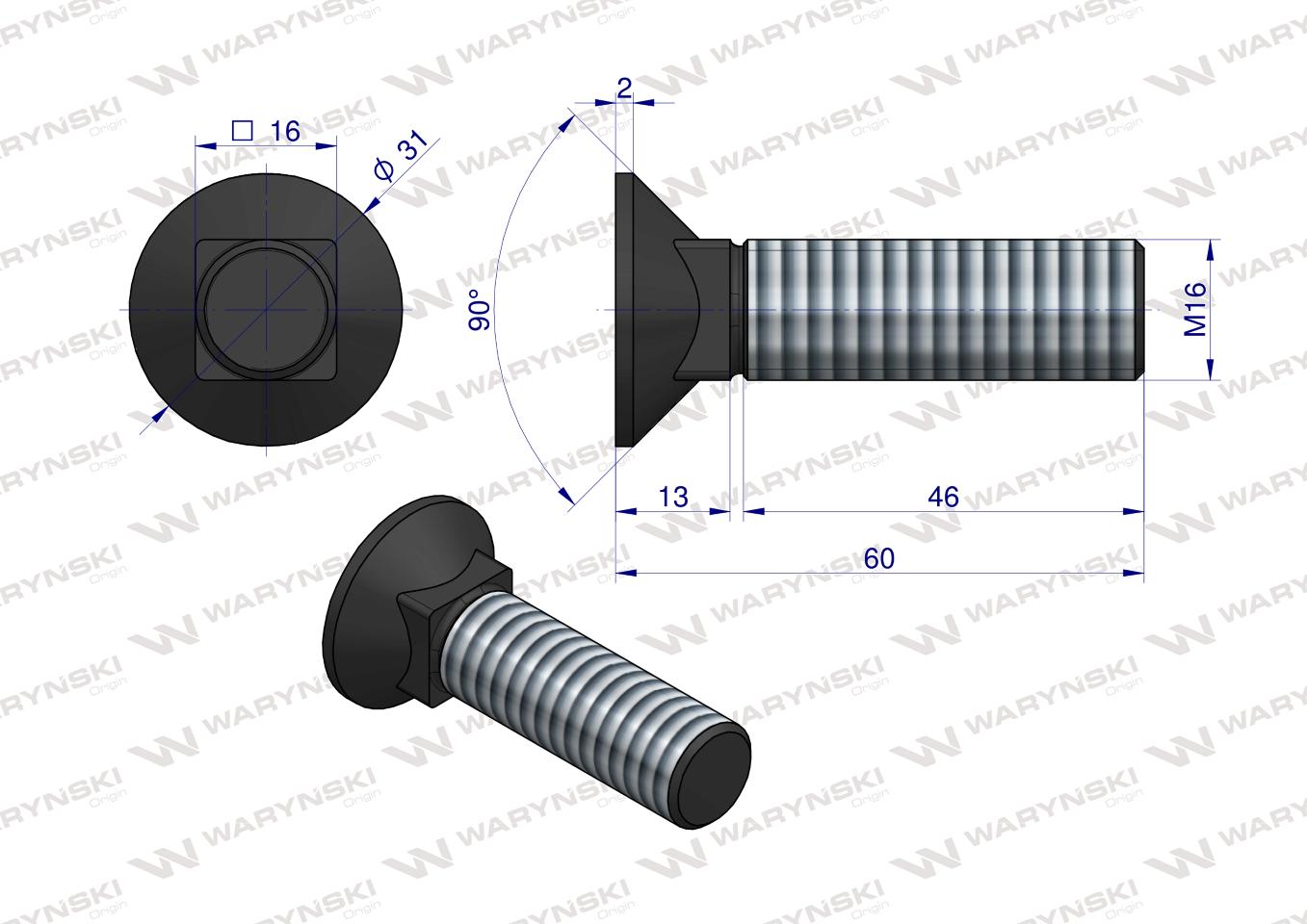 Śruba kpl. płużna podsadzana D 608 M16x60 mm kl.10.9 Waryński ( sprzedawane po 10 )