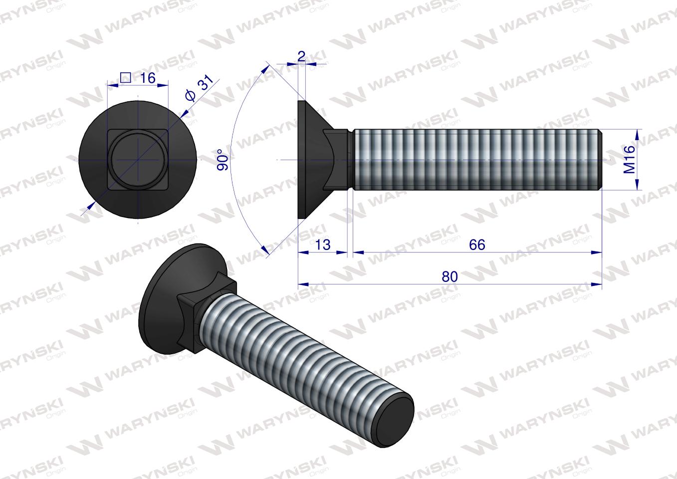 Śruba kpl. płużna podsadzana D 608 M16x80 mm kl.10.9 Waryński ( sprzedawane po 10 )