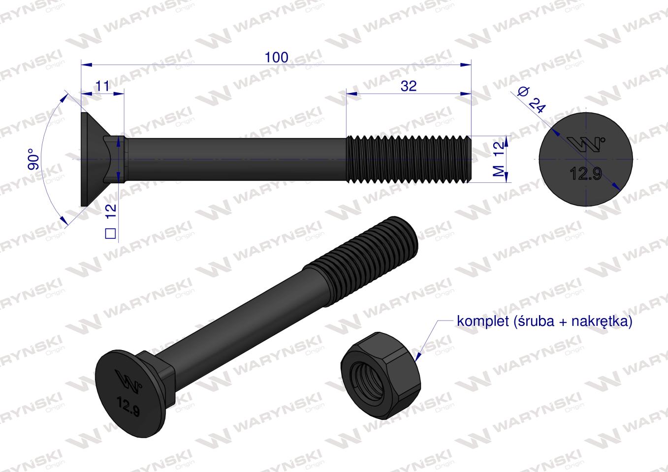 Śruba kpl. płużna podsadzana D 608 M12x100 mm kl.12.9 Waryński ( sprzedawane po 10 )