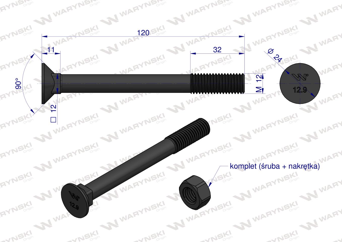 Śruba kpl. płużna podsadzana D 608 M12x120 mm kl.12.9 Waryński ( sprzedawane po 10 )