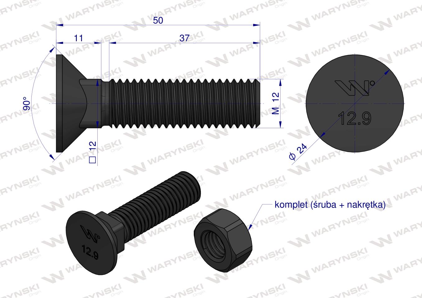 Śruba kpl. płużna podsadzana D 608 M12x50 mm kl.12.9 zastosowanie ząb SX Waryński ( sprzedawane po 25 )