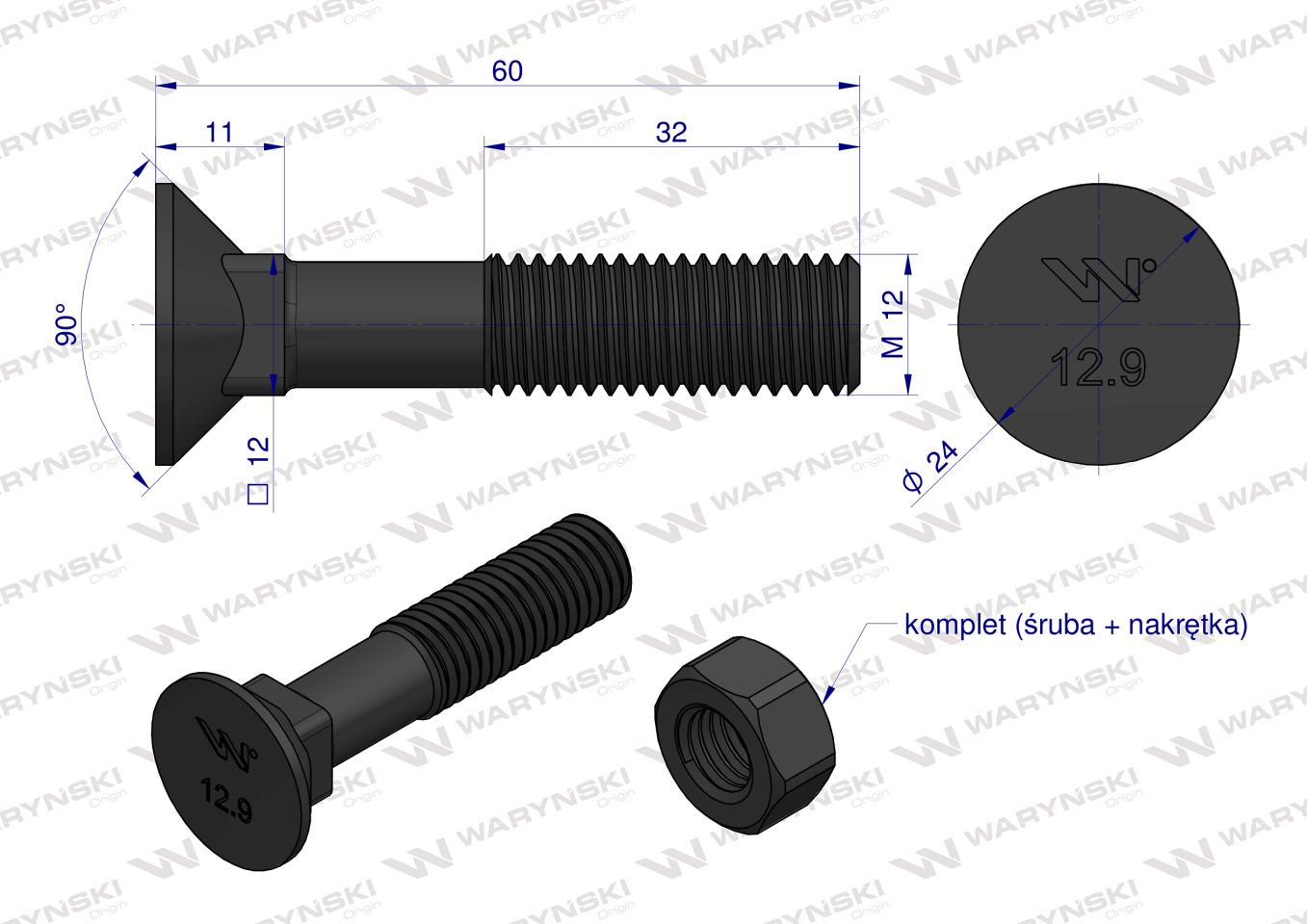 Śruba kpl. płużna podsadzana D 608 M12x60 mm kl.12.9 Waryński ( sprzedawane po 25 )