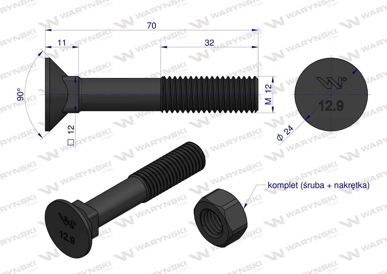 Śruba kpl. płużna podsadzana D 608 M12x70 mm kl.12.9 zastosowanie Gruber Waryński ( sprzedawane po 25 )