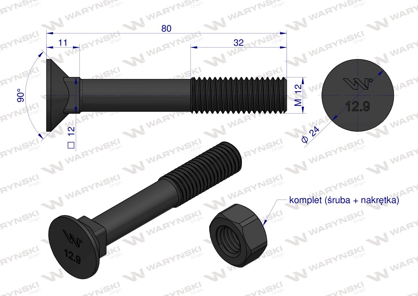 Śruba kpl. płużna podsadzana D 608 M12x80 mm kl.12.9 zastosowanie Gruber Waryński ( sprzedawane po 25 )