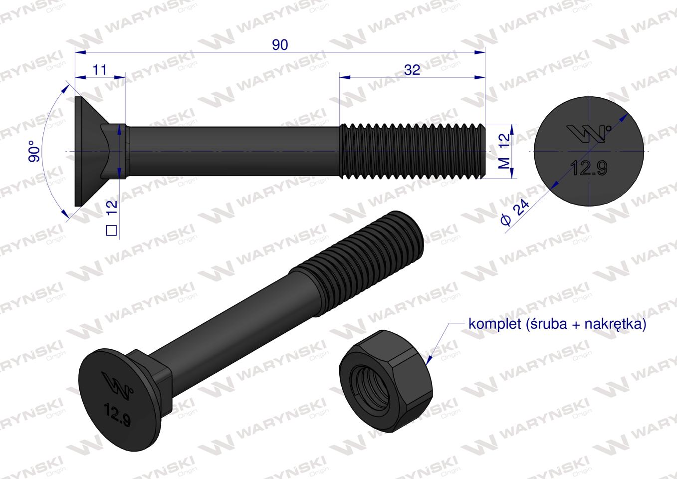 Śruba kpl. płużna podsadzana D 608 M12x90 mm kl.12.9 zastosowanie Gruber Waryński ( sprzedawane po 25 )