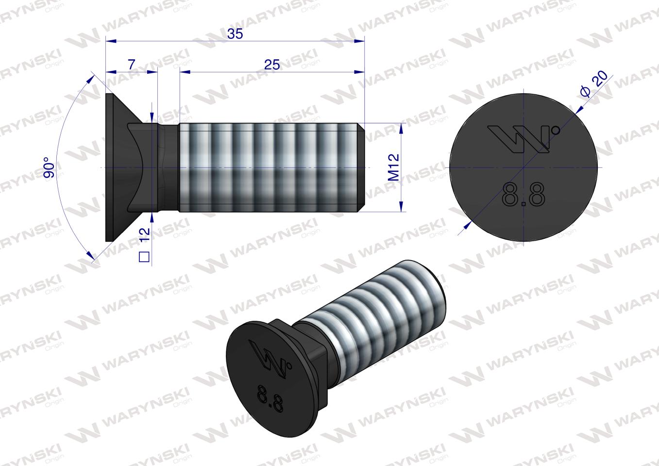 Śruba płużna podsadzana M12x35 mm kl.8.8 Waryński ( sprzedawane po 10kg )