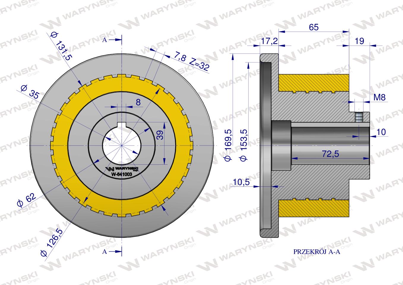 Rolka napędowa zębata z kołnierzem PU 168x71x35 zastosowanie 07600822 Grimme WARYŃSKI