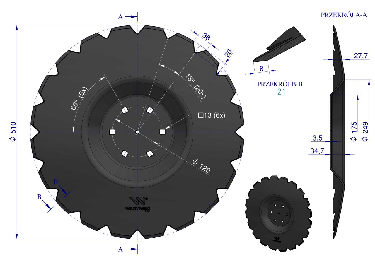 Talerz uzębiony Z-20 fi 510 mocowanie 6/120 grubość 3.5 mm przetłoczony stal borowa WARYŃSKI R