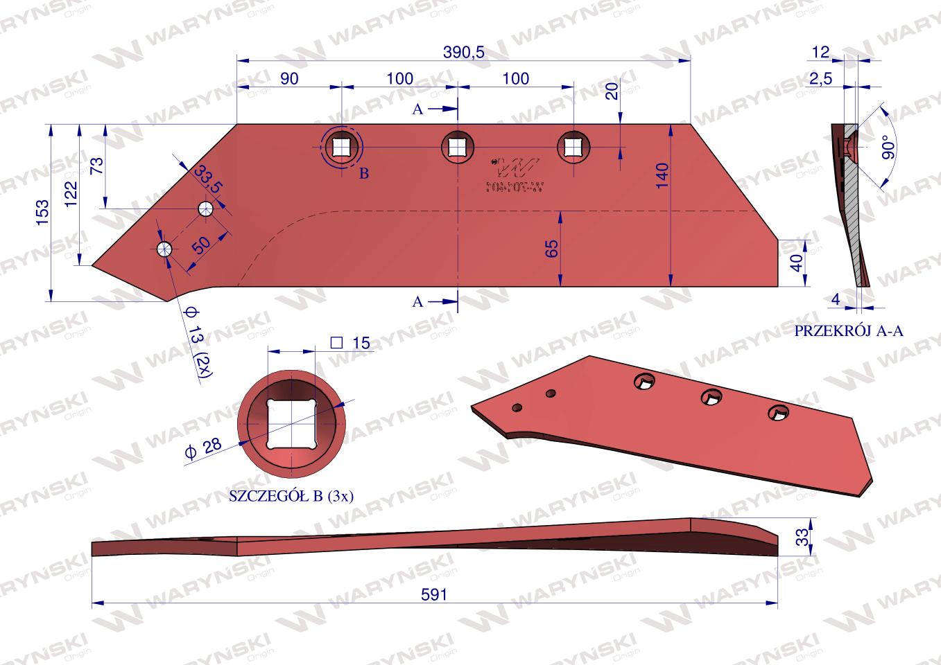 Lemiesz, lewy 16", zastosowanie Akpil WSM 40 stal borowa, Waryński