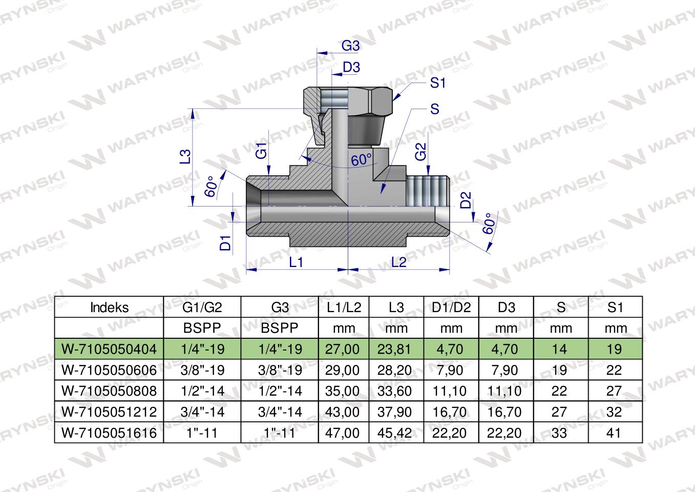 Trójnik hydrauliczny symetryczny calowy BAB 1/4" BSP (XEVT) Waryński