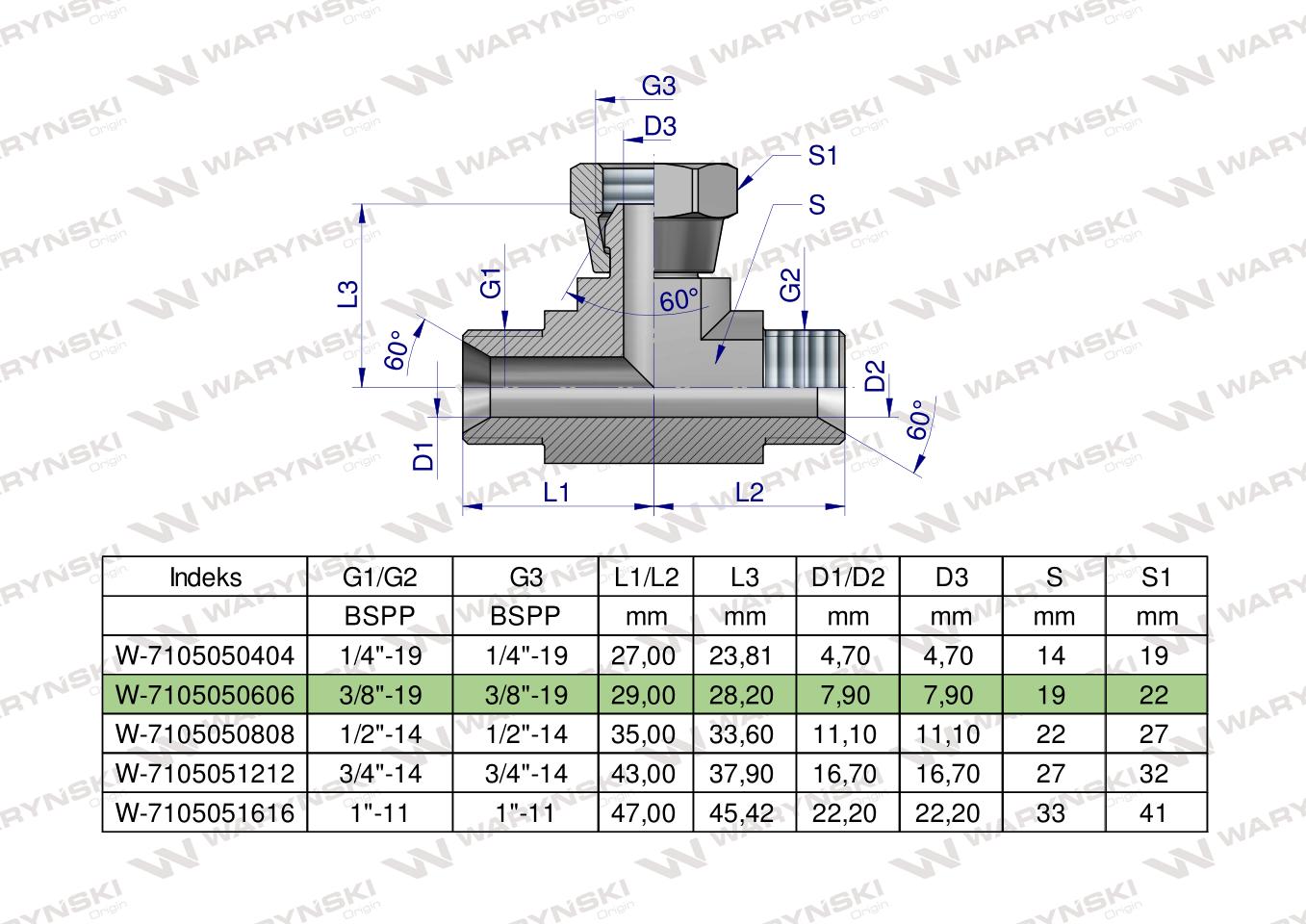Trójnik hydrauliczny symetryczny calowy BAB 3/8" BSP (XEVT) Waryński