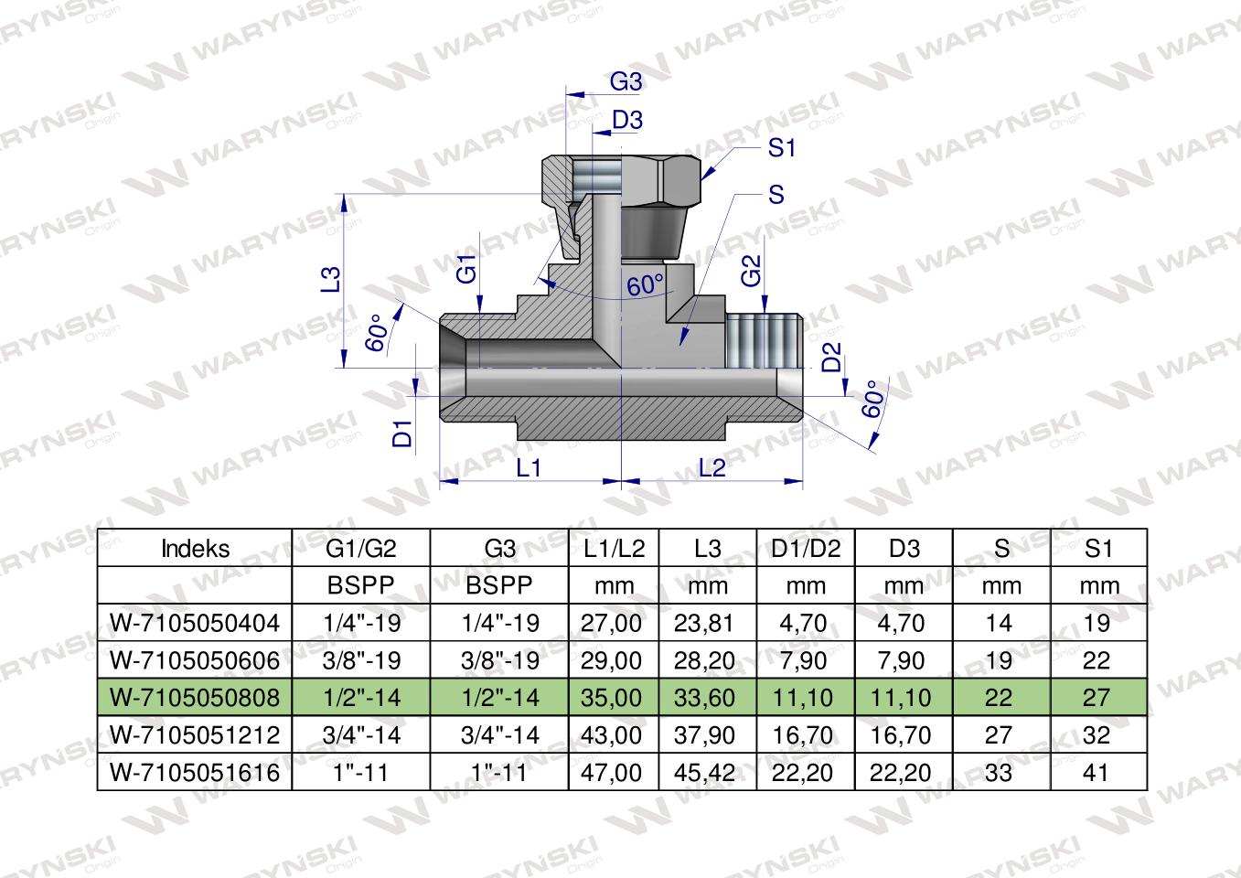 Trójnik hydrauliczny symetryczny calowy BAB 1/2" BSP (XEVT) Waryński