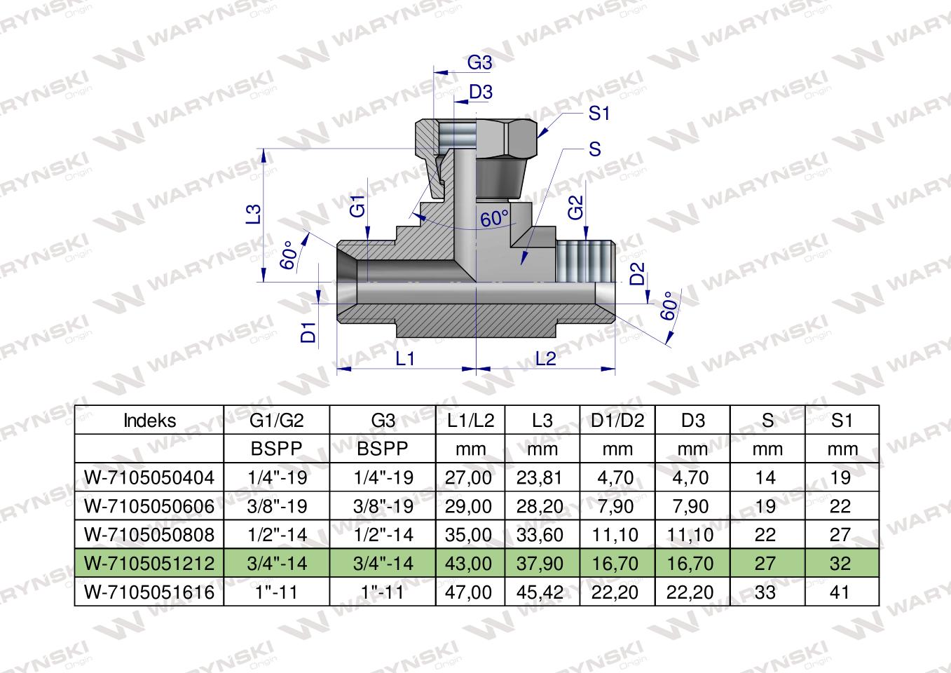 Trójnik hydrauliczny symetryczny calowy BAB 3/4" BSP (XEVT) Waryński