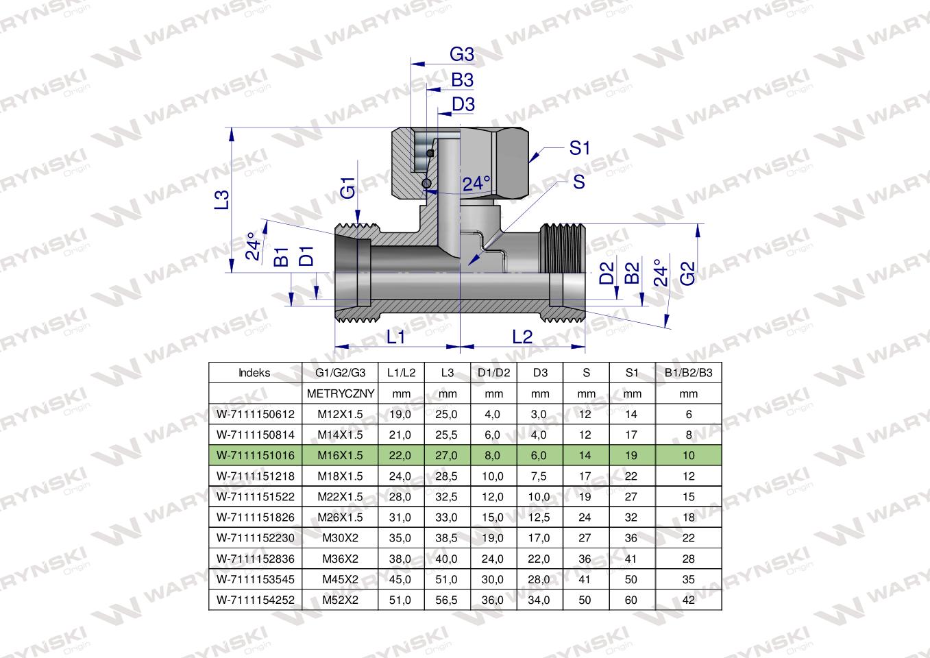 Trójnik hydrauliczny symetryczny metryczny BAB M16x1.5 10L (XEVT) Waryński ( sprzedawane po 5 )
