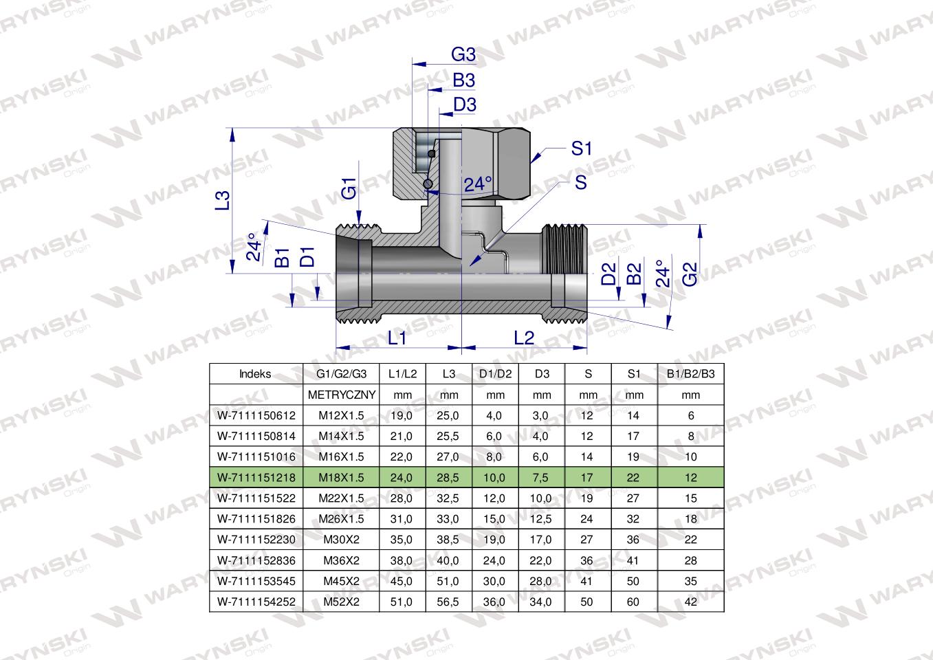 Trójnik hydrauliczny symetryczny metryczny BAB M18x1.5 12L (XEVT) Waryński ( sprzedawane po 50 )