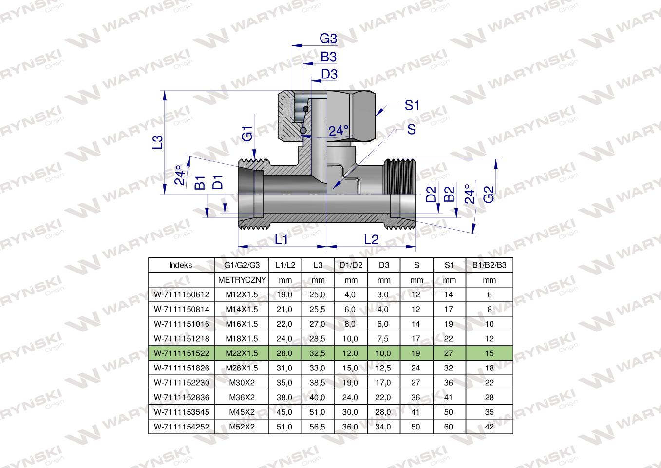 Trójnik hydrauliczny symetryczny metryczny BAB M22x1.5 15L (XEVT) Waryński ( sprzedawane po 5 )