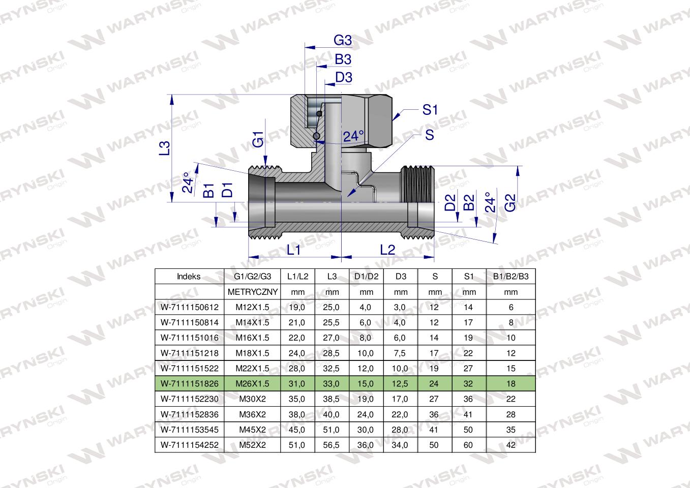 Trójnik hydrauliczny symetryczny metryczny BAB M26x1.5 18L (XEVT) Waryński
