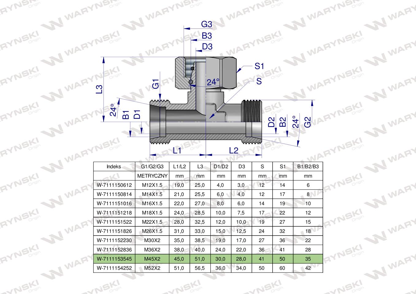 Trójnik hydrauliczny symetryczny metryczny BAB M45x2 35L (XEVT) Waryński