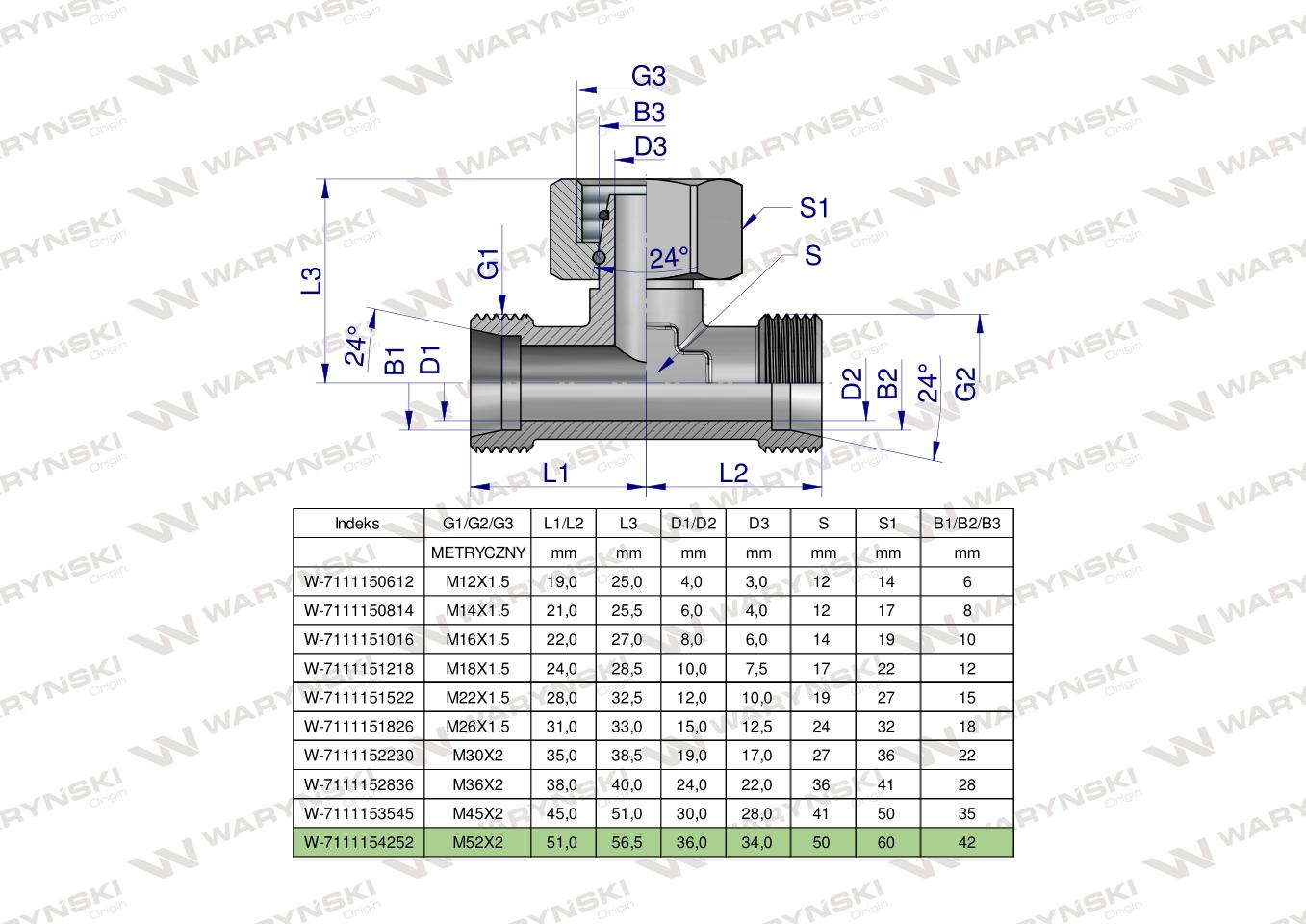 Trójnik hydrauliczny symetryczny metryczny BAB M52x2 42L (XEVT) Waryński