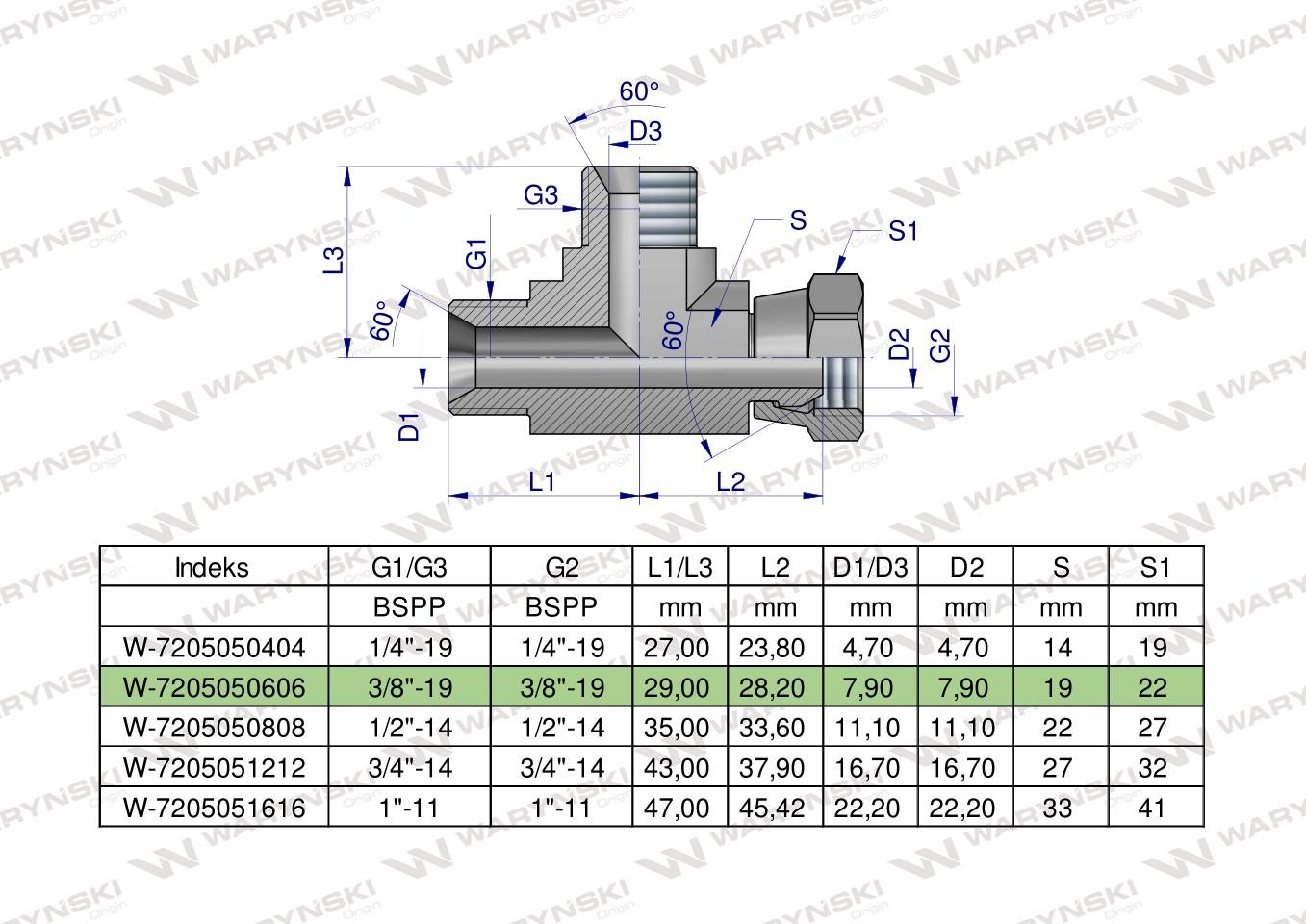 Trójnik hydrauliczny niesymetryczny calowy BBA 3/8" BSP (XEVL) Waryński