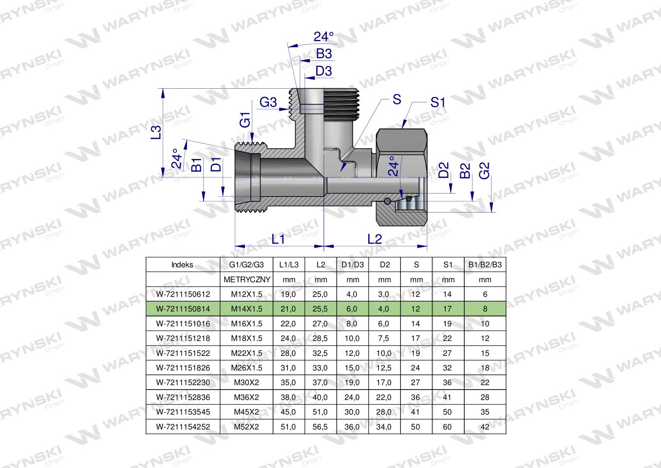 Trójnik hydrauliczny niesymetryczny metryczny BBA M14x1.5 08L (XEVL) Waryński ( sprzedawane po 2 )