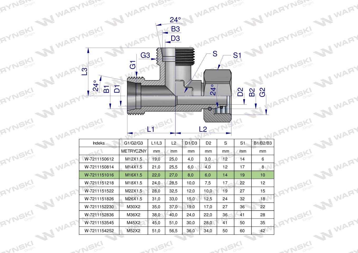 Trójnik hydrauliczny niesymetryczny metryczny BBA M16x1.5 10L (XEVL) Waryński ( sprzedawane po 2 )