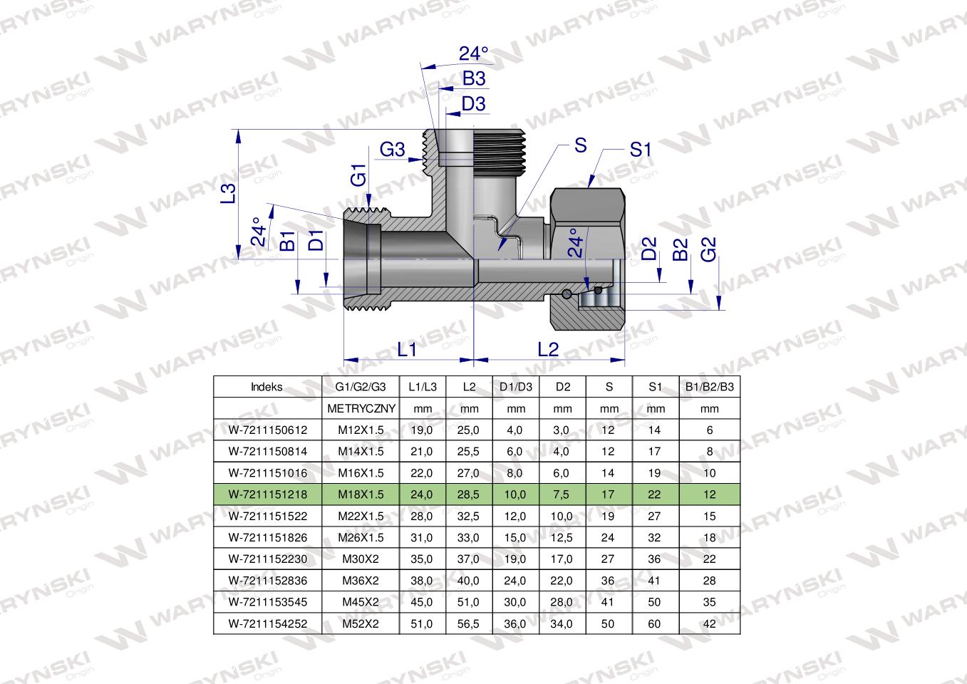 Trójnik hydrauliczny niesymetryczny metryczny BBA M18x1.5 12L (XEVL) Waryński ( sprzedawane po 5 )