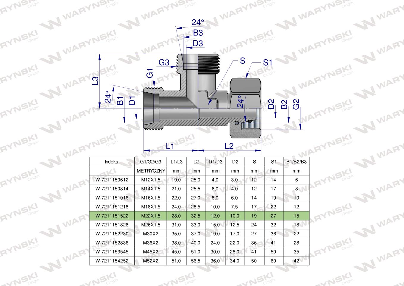 Trójnik hydrauliczny niesymetryczny metryczny BBA M22x1.5 15L (XEVL) Waryński ( sprzedawane po 5 )