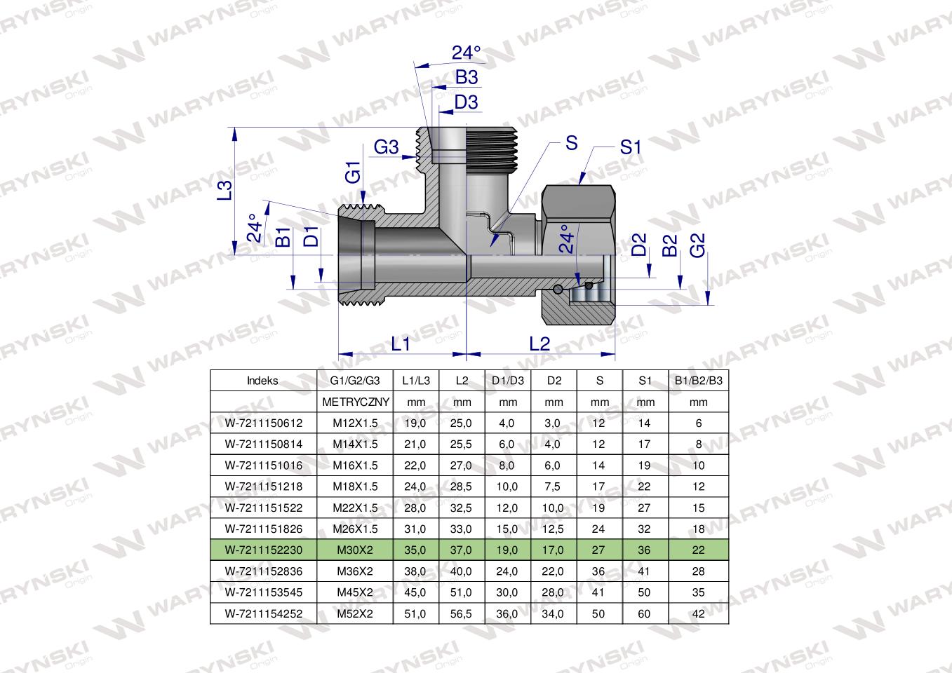 Trójnik hydrauliczny niesymetryczny metryczny BBA M30x2 22L (XEVL) Waryński