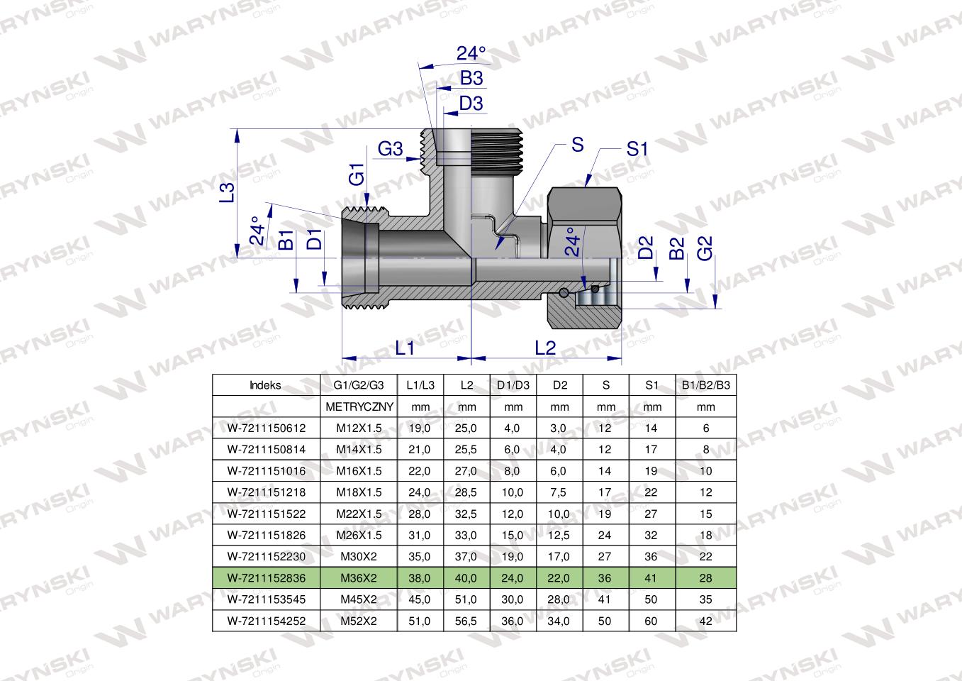 Trójnik hydrauliczny niesymetryczny metryczny BBA M36x2 28L (XEVL) Waryński