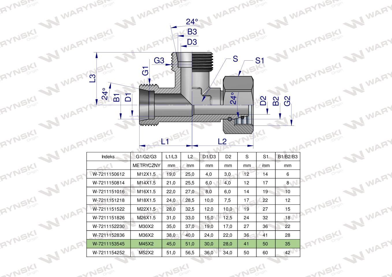 Trójnik hydrauliczny niesymetryczny metryczny BBA M45x3 35L (XEVL) Waryński