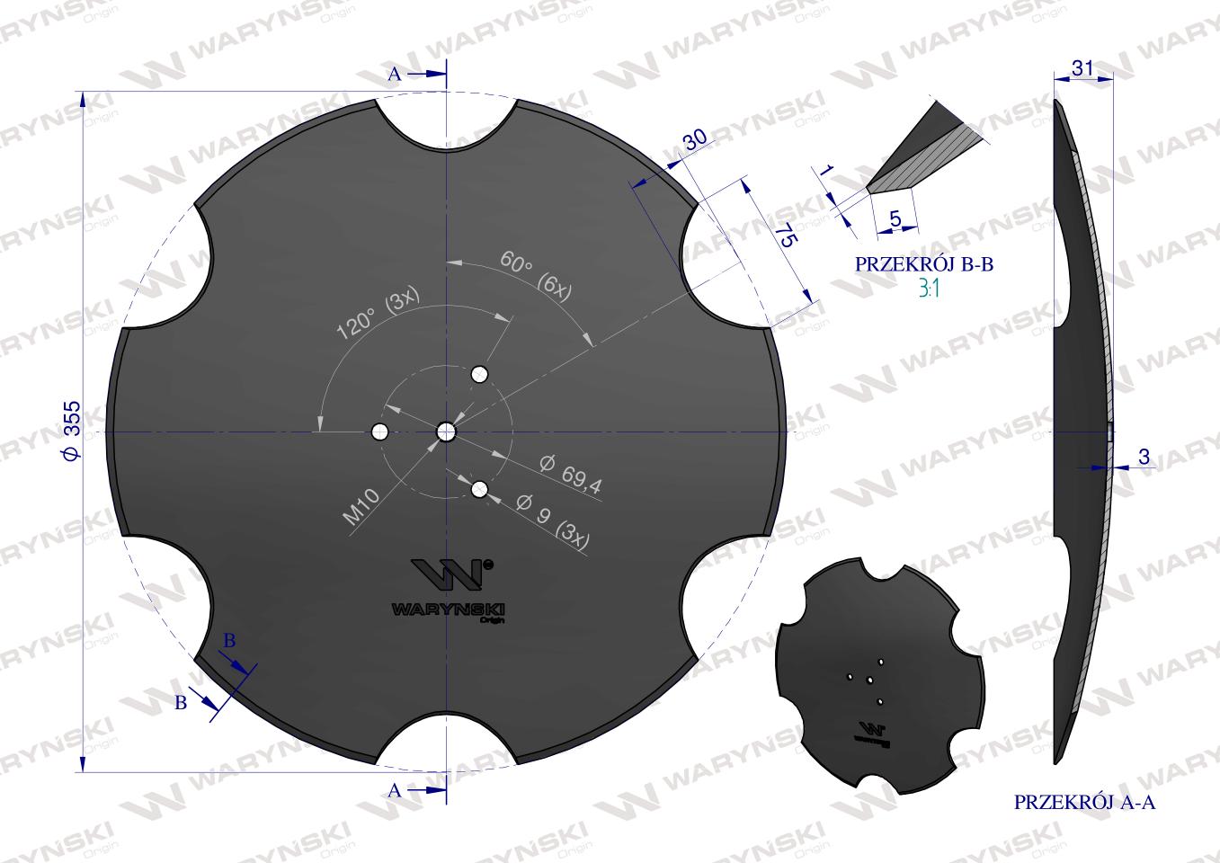 Talerz uzębiony Z-6 fi 355, mocowanie 3 / 69mm grubość 3mm, zastosowanie Horsch 00310162, Waryński
